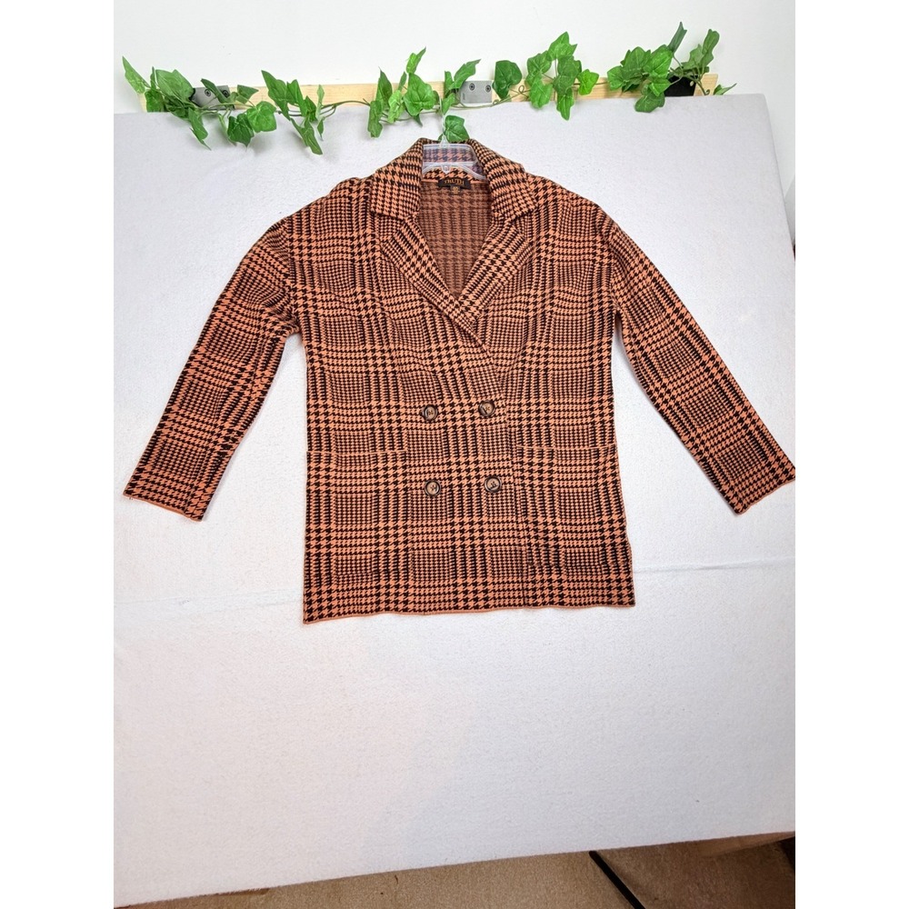 Truth by Republic Womens Houndstooth Double Breasted Knit Blazer Rust Black M